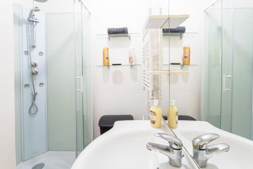 une salle de bain avec un lavabo et une douche dans l'établissement Le Albert 1er appartements tout équipés au coeur de Béziers, à Béziers