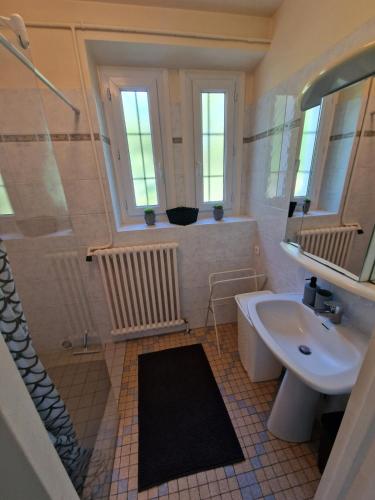 une salle de bain avec un lavabo, une baignoire et des toilettes dans l'établissement Gite proche de Beauval Zoo et des Chateaux, à Châtillon-sur-Cher