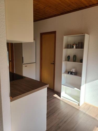 a kitchen with a counter top and a refrigerator at Ferienhaus Voigt in Hude