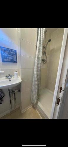 a bathroom with a shower and a sink at Charming Bedroom with Garden in London