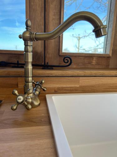 a sink with a faucet next to a window at Fernlea Luxury Shepherds Hut & Hot Tub in Boosbeck