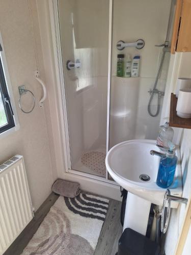 a bathroom with a shower and a sink at Highfield and the Haven Caravan Skegness in Lincolnshire