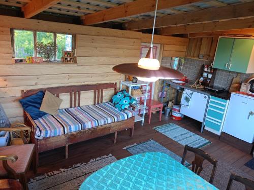 a living room with a couch in a log cabin at Reittiö B&B in Sulkava