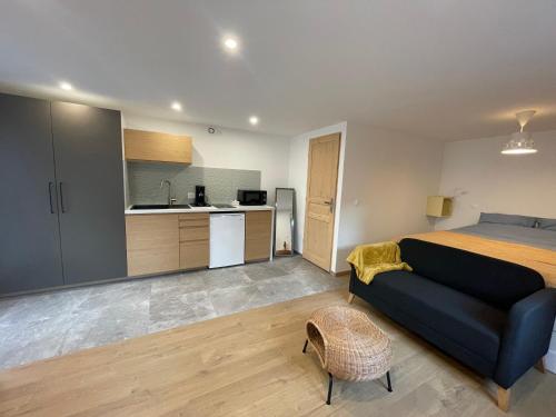 une grande chambre avec un lit et une cuisine dans l'établissement Cozy Studio in a central and quiet area near Basel, à Saint-Louis