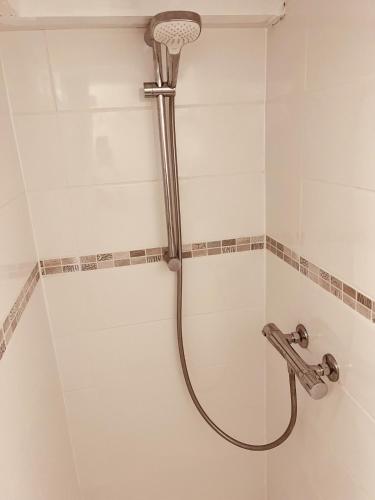 une douche avec pommeau de douche dans une salle de bain dans l'établissement Pavillon avec jardin et piscine saisonnière, à Gruissan