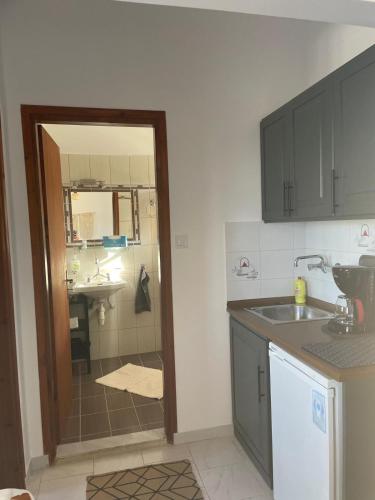 a kitchen with a sink and a bathroom with a shower at Paralia Apts Stavros in Milatos