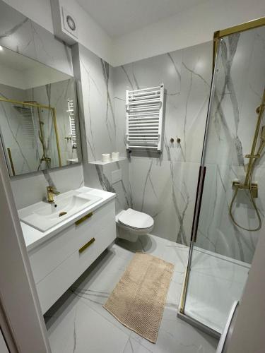 a bathroom with a shower and a sink and a toilet at Apartament Słupca in Słupca