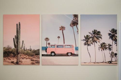 three pictures of a van and palm trees on a wall at Beautiful Home, Walk to UF, Newly built in Gainesville