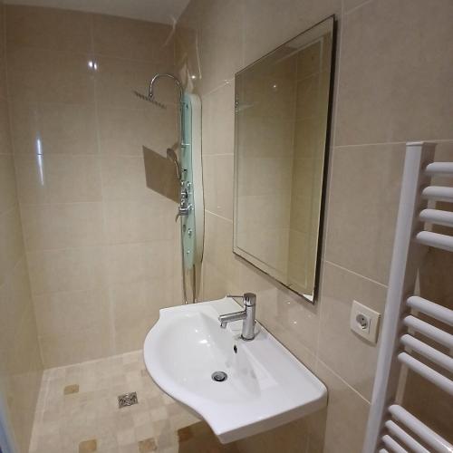 une salle de bain avec un lavabo et un miroir dans l'établissement natura, à Sallenelles