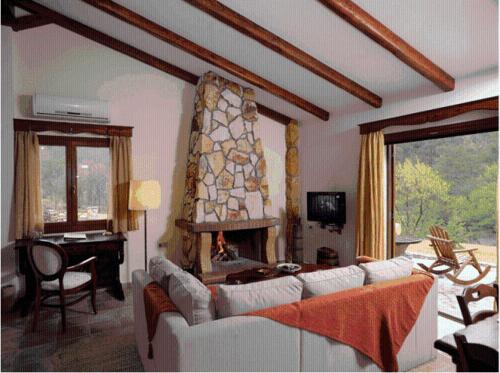 a living room with a couch and a fireplace at Apolithomeno Dasos Holiday Villas near Alexandroupolis in Lefkimmi