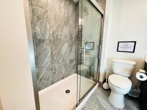 a bathroom with a shower and a toilet at The 419 Ten-room Boutique In Sandusky in Sandusky