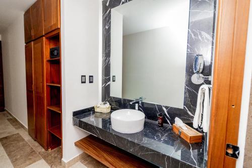 a bathroom with a sink and a mirror at Hotel Guiant in Santa María del Río