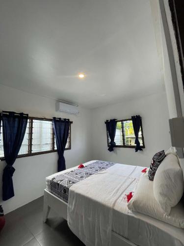 a bedroom with a bed and two windows at Stephanie's Homestay in Matei