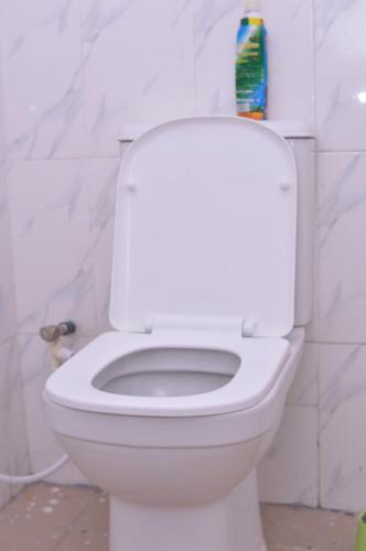 a bathroom with a white toilet in a room at 3-Bed Apartment Tradebybata Homes FUNAAB Abeokuta in Abeokuta