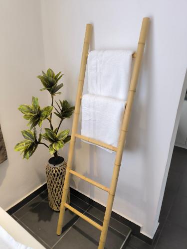 a wooden ladder leaning against a wall with a towel at City Lodge Papeete in Papeete