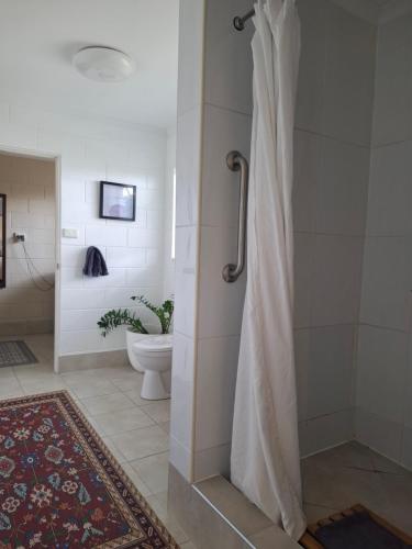 a bathroom with a shower with a toilet and a shower curtain at J & Ella's Holiday House - 2 Bedroom, 2 Bathroom Home in Cooktown