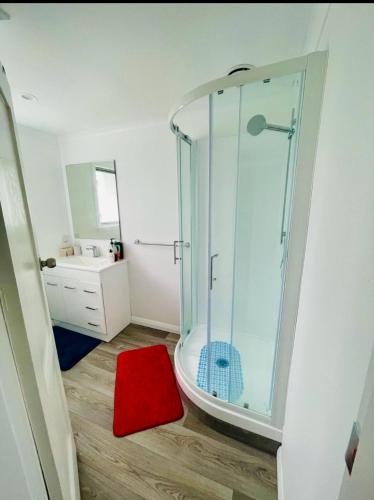 a bathroom with a glass shower and a red rug at Giggly Nest in New Plymouth