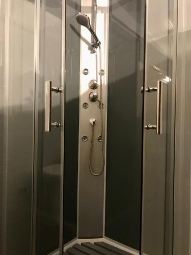 a shower with a glass door with a shower head at Studio Kumbaya in Faaa