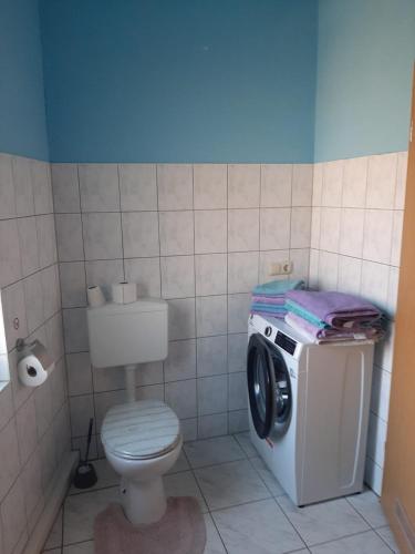 a bathroom with a toilet and a washing machine at Stadtblick 1 Monteuersfreud in Eisenberg