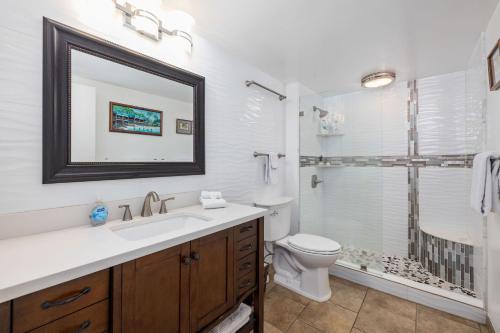 a bathroom with a sink and a toilet and a shower at Ocean view with Loft in Kailua-Kona