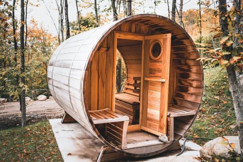 a small wooden iguana house in the woods at Warm cabin in nature with spa & sauna in Lac-Superieur