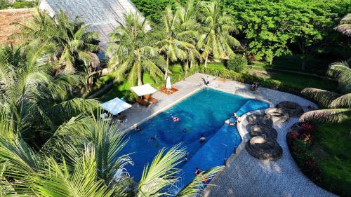 an overhead view of a swimming pool with palm trees at Cuc Phuong Mineral Retreat in Ninh Binh