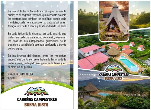 a collage of photos of a resort flyer at cabañas campestres buena vista in Paicol