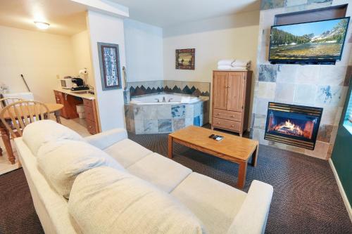 a living room with a couch and a fireplace at Studio Apartment in Estes Park