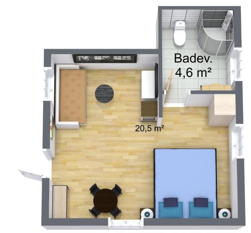 a floor plan of a small apartment with a bedroom at Bed & Breakfast “Den Gamle Lade I Hejls” in Hejls