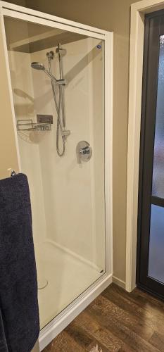 a shower with a glass door in a bathroom at C'est La Vie in Tauranga