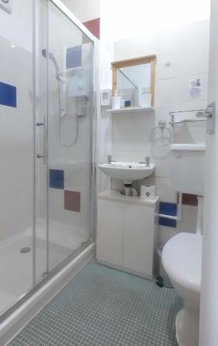 a bathroom with a shower and a sink and a toilet at Brackenhurst Guest House in Skegness