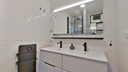 une salle de bain blanche avec un lavabo et un miroir dans l'établissement Appartement Nancy, à La Celle-sous-Gouzon
