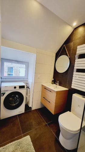 une petite salle de bain avec toilettes et lavabo dans l'établissement KerLudi Le Ptit St Roch, gîte de charme 5km de la mer, à Ploudalmézeau