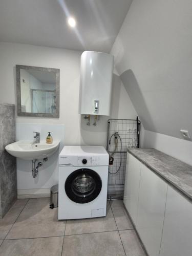 a white bathroom with a washing machine and a sink at Ferienhaus am Helenesee 14 in Frankfurt Oder