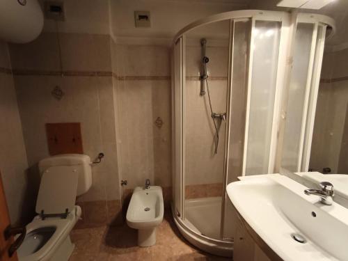 une salle de bain avec une douche, des toilettes et un lavabo dans l'établissement Résidence Le Sommet - Appartement avec terrasse et jardinet - Belle vue - Parking couvert MAE-9094, à Montgenèvre