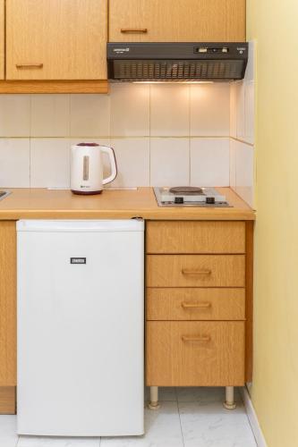 a kitchen with a white refrigerator and a microwave at Remezzo Apartments in Sami