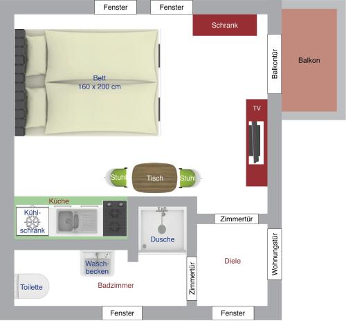 a floor plan of a room with a bed at Fewo Wald & Wiese in Bischofswiesen
