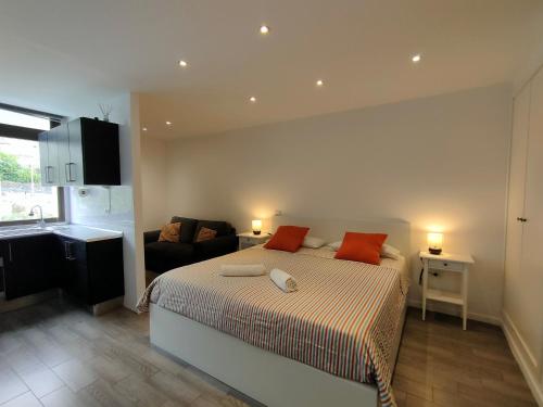 a bedroom with a bed with red pillows and a couch at Sea loft with a huge bed in Icod de los Vinos
