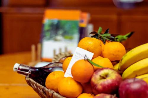 a basket of fruit with apples oranges and bananas at Kardama HideAway in Kato Amiandos