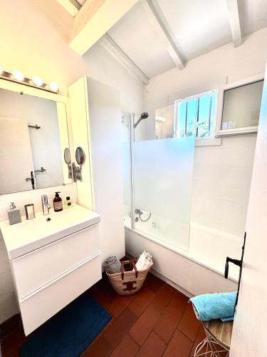 une salle de bain avec un lavabo et une douche dans l'établissement Splendide Mas avec vue sur mer panoramique Gigaro, à La Croix-Valmer