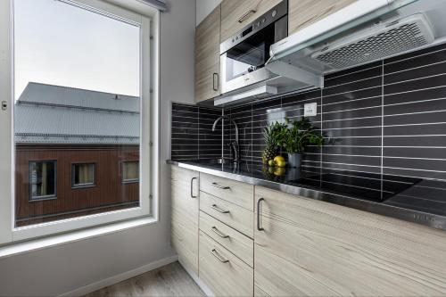 a kitchen with a sink and a window at Kiruna City Studios in Kiruna