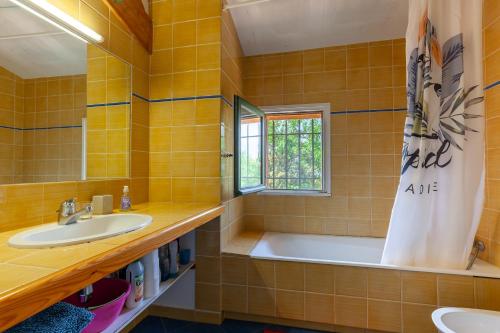 une salle de bain avec une baignoire, un lavabo et une fenêtre dans l'établissement Villa Catherine vue mer et terrasse, à Carqueiranne
