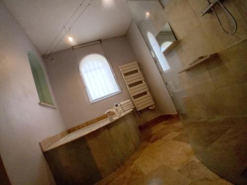 une salle de bain avec une douche et un lavabo et une fenêtre dans l'établissement Villa provençale avec jacuzzi, à Entraigues-sur-la-Sorgue