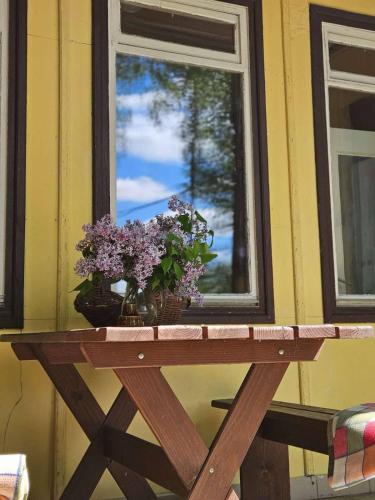 a table with a vase of flowers on a window at Leśna Osada Tęcza Jabłonowiec in Jabłonowiec
