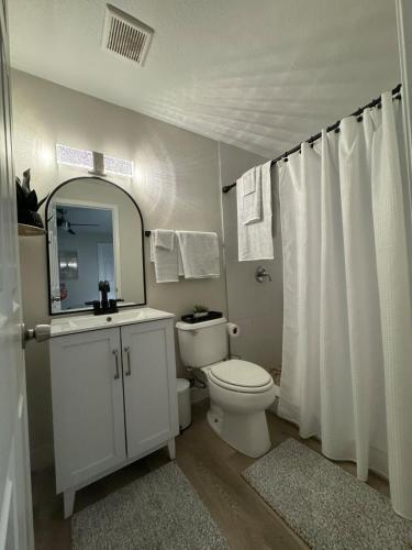 a bathroom with a toilet and a sink and a mirror at Entire House near DTLV in Las Vegas