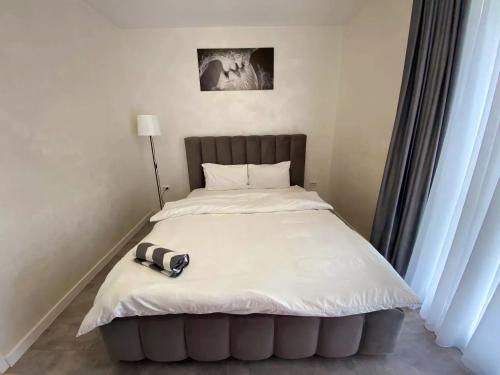 a bed with a camera sitting on top of it at Bright Gray Нові затишні апартаменти біля центру in Ternopilʼ