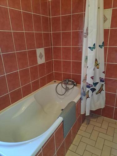 a bathroom with a tub and a shower curtain at Maison avec vue sur la campagne in Viersat