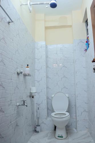a white bathroom with a toilet and a shower at The Nordic Nest in Ruiru