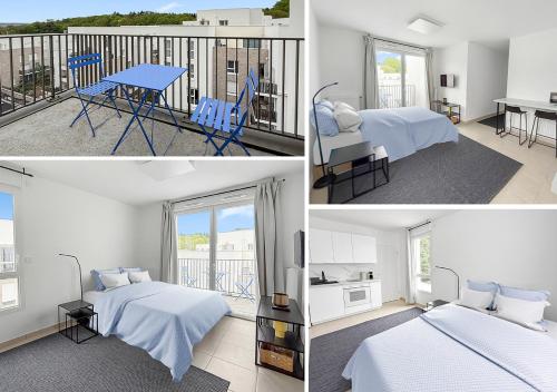 three pictures of a bedroom with two beds and a balcony at Studio lumineux avec balcon privé in Poissy