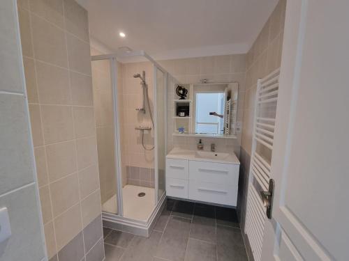 une salle de bain avec une douche, un lavabo et un miroir dans l'établissement maison moderne avec piscine, à Piriac-sur-Mer